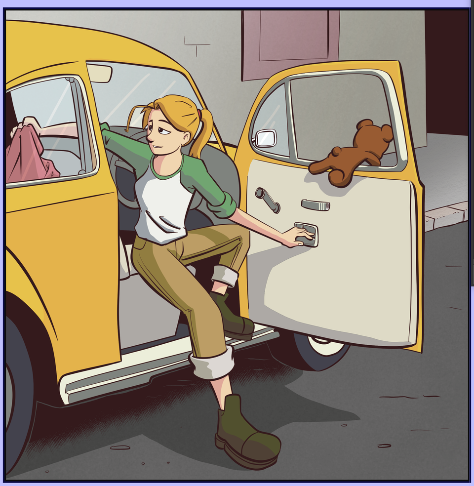 Rose getting out of her car - the linework has been coloured brown