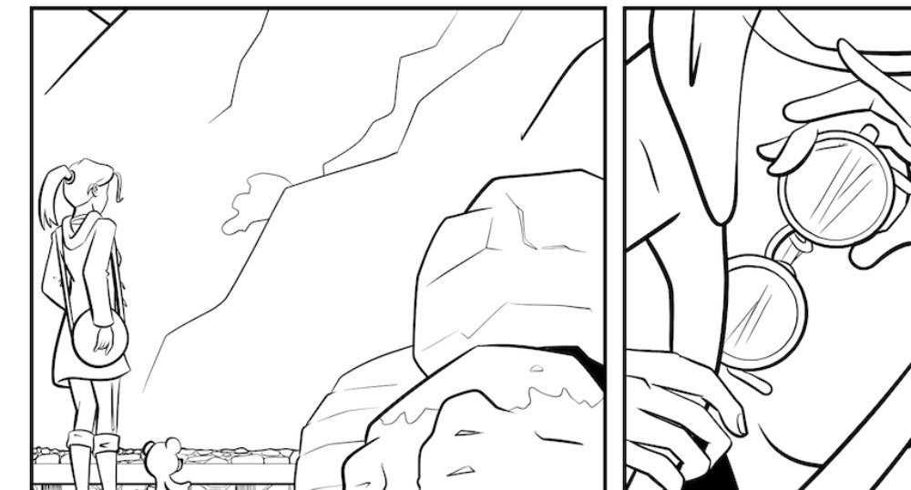 A closeup on a page of inks for The Troll Bridge.
