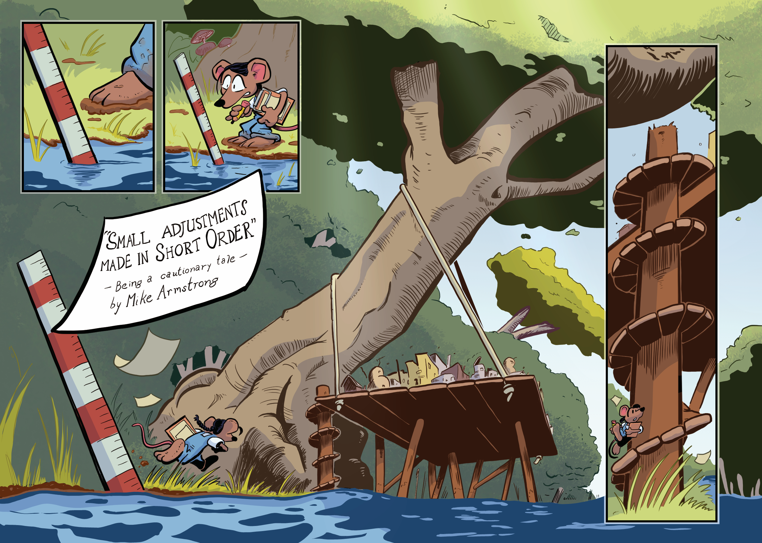 A comic page showing a mouse measuring the height of a river before running back to warn their village that the water level is rising