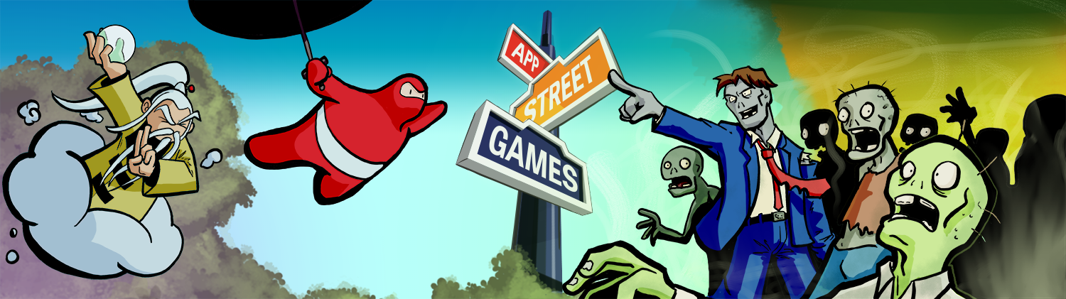 A banner image for a mobile games manufacturer, featuring zombies and ninjas.