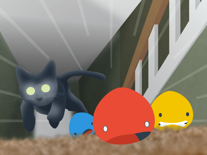 A cat chases three small blobs of paint down a hallway