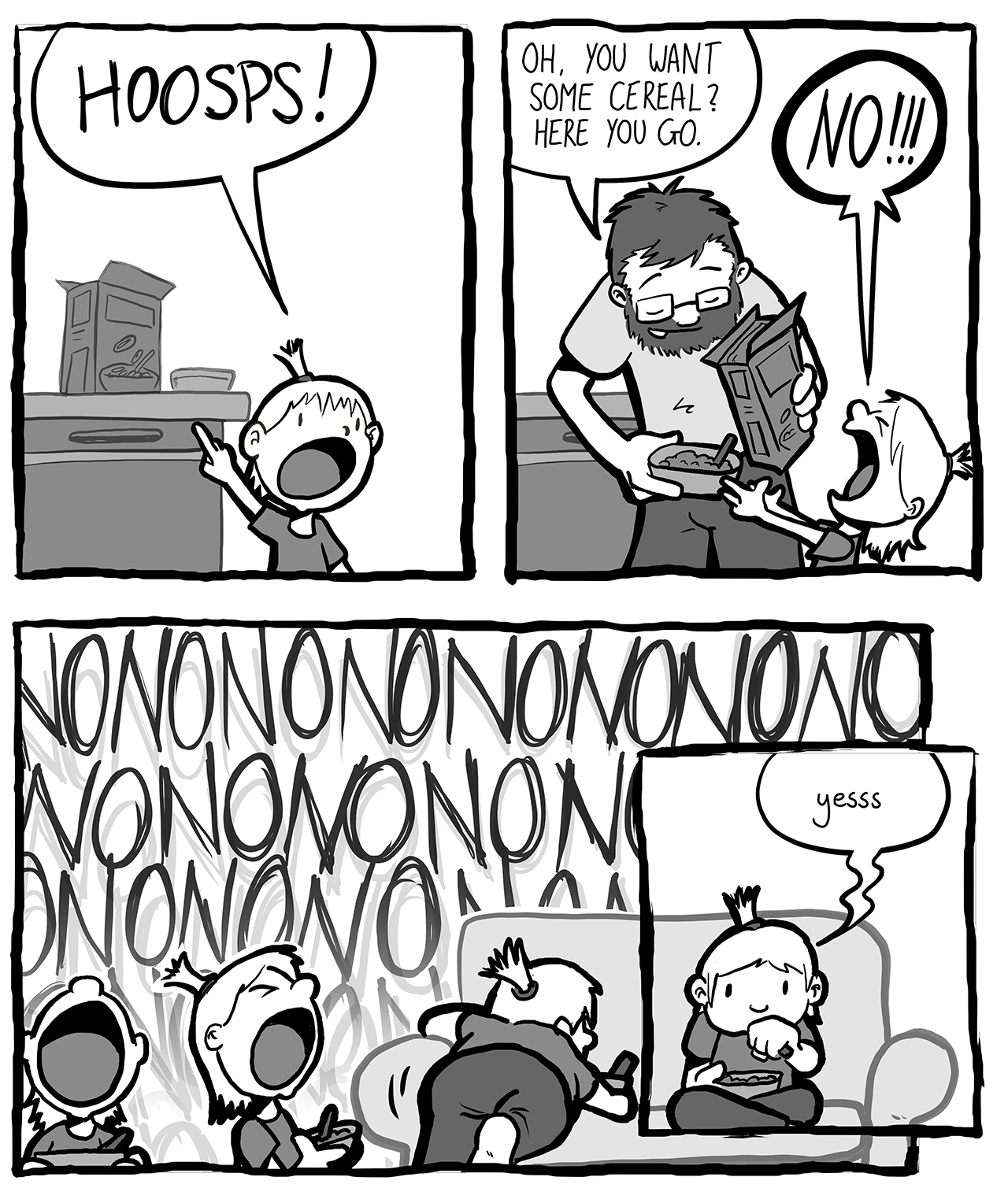 A comic strip where a small child yells at a man.