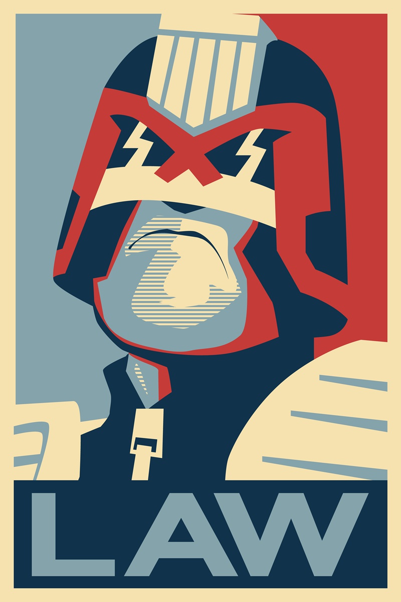 A Sheperd Fairey-style poster of Judge Dredd.