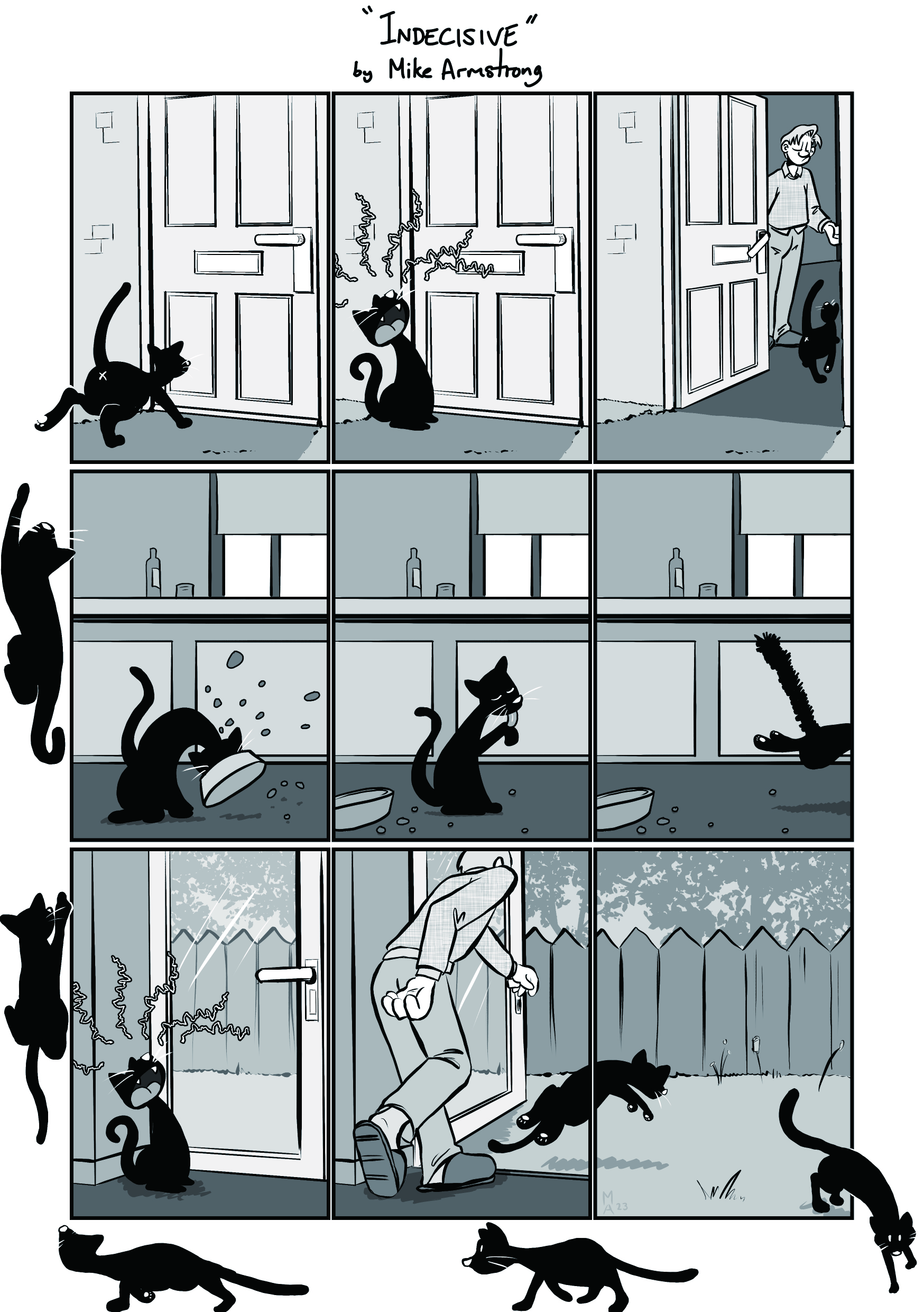 A comic page showing a cat wanting to be let in, eating its food, then wanting to be let out... and then walking around the outside of the page back to the first panel to be let in again.