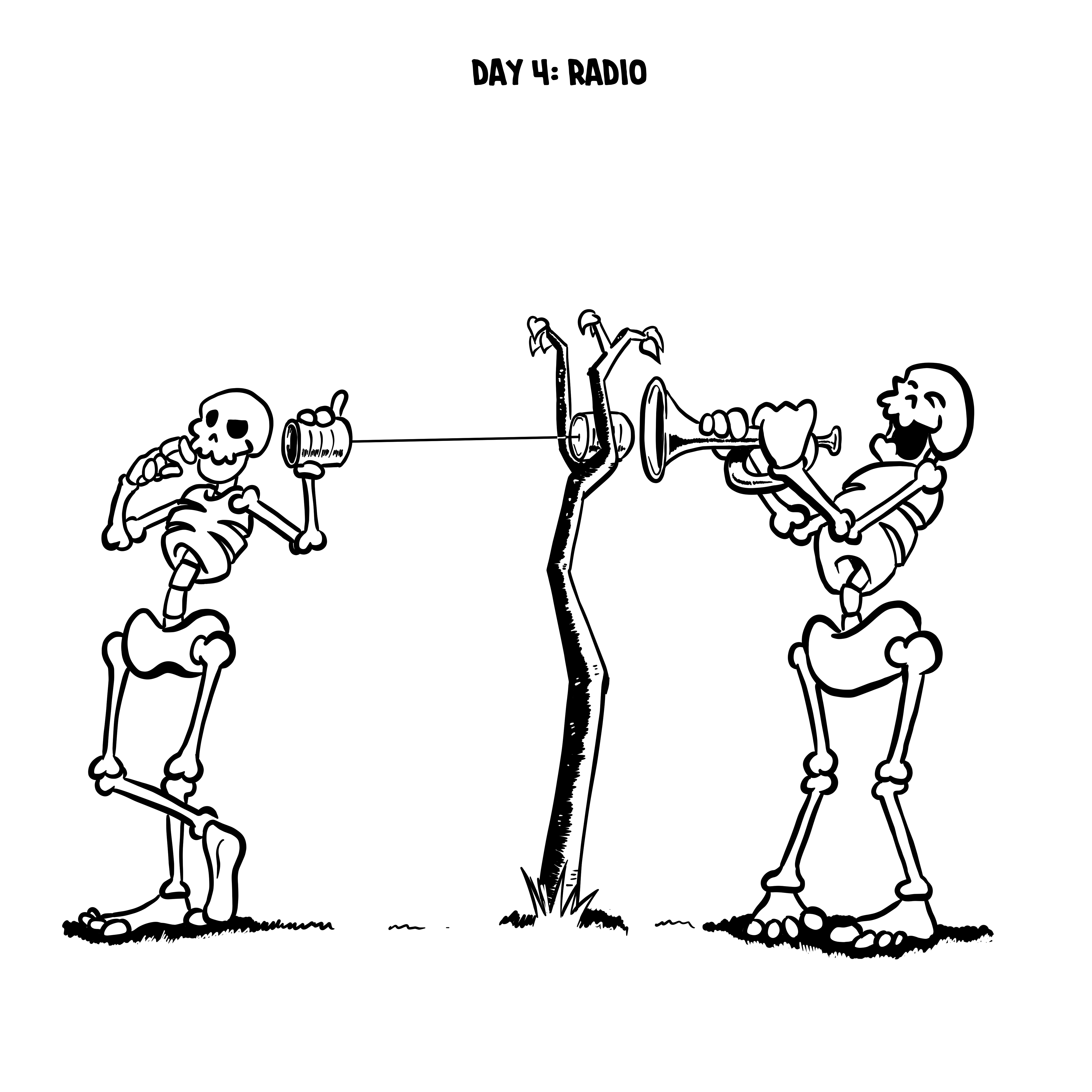 A skeleton listening to a tin-can radio. At the other end, another skeleton prepares to blow a trumpet.