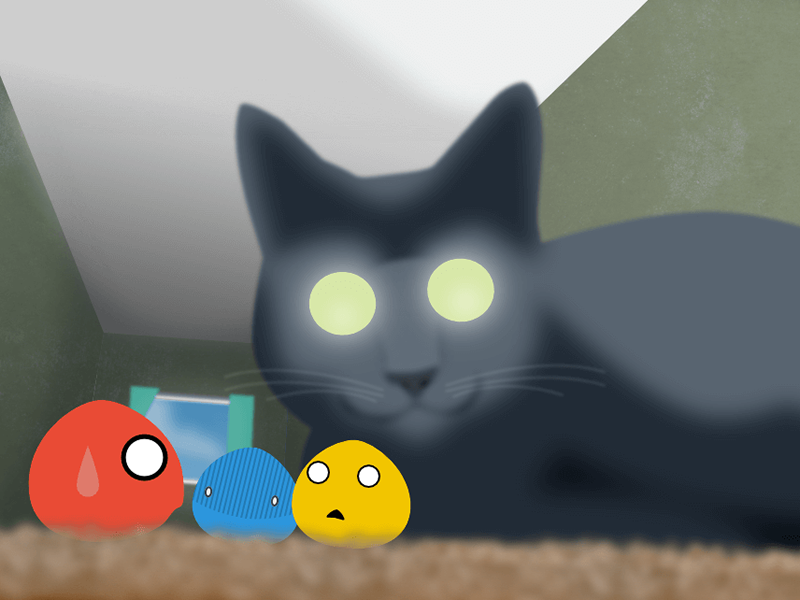 A cat awakes behind three small blobs of paint, who look worried.