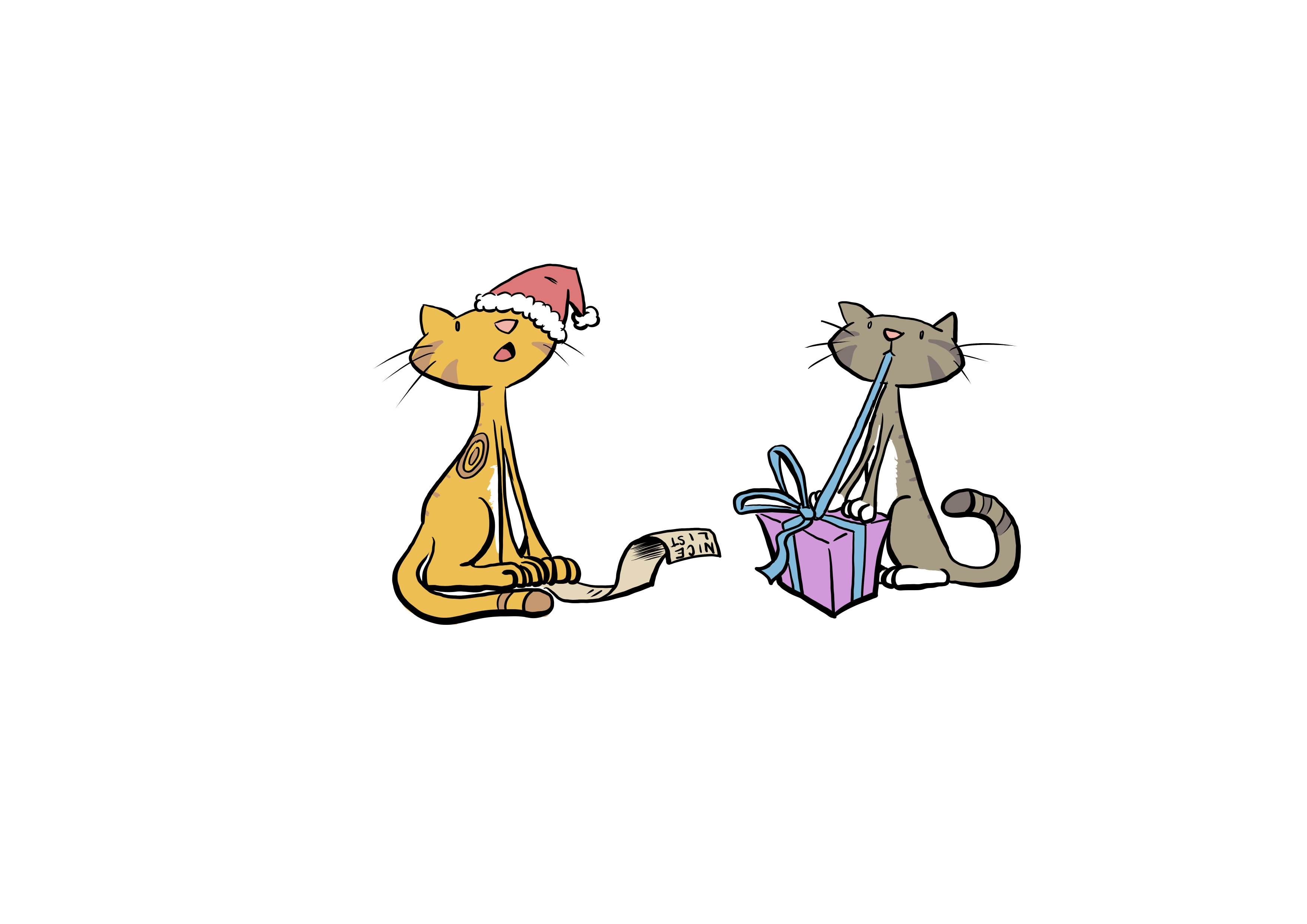 An orange tabby cat waering a Santa hat sits next to a brown tabby playing with the wrapping on a gift.