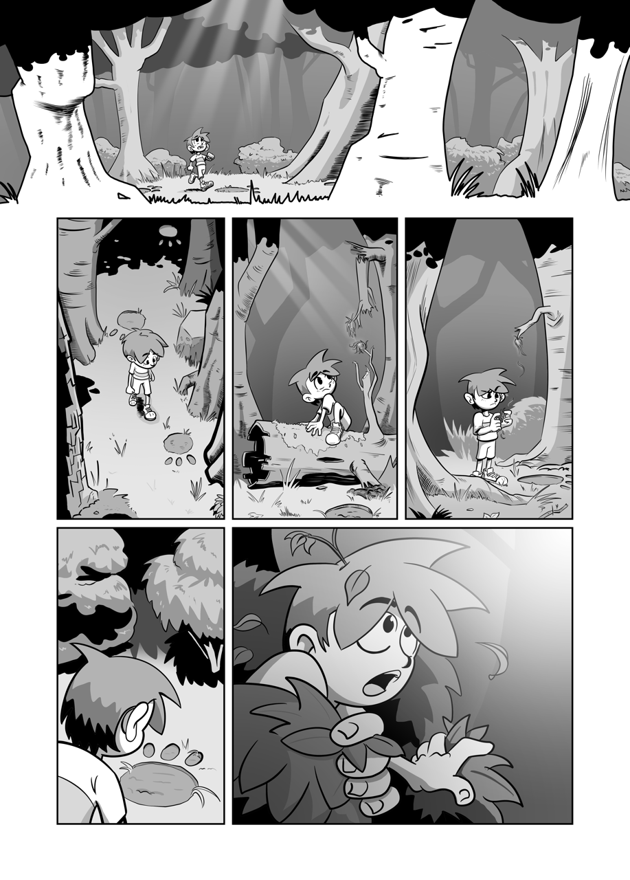 A page of 'Bigger', my entry for the 2022 Manga Jiman contest. It shows a small child following footprints through the woods, before stumbling upon a big surprise...