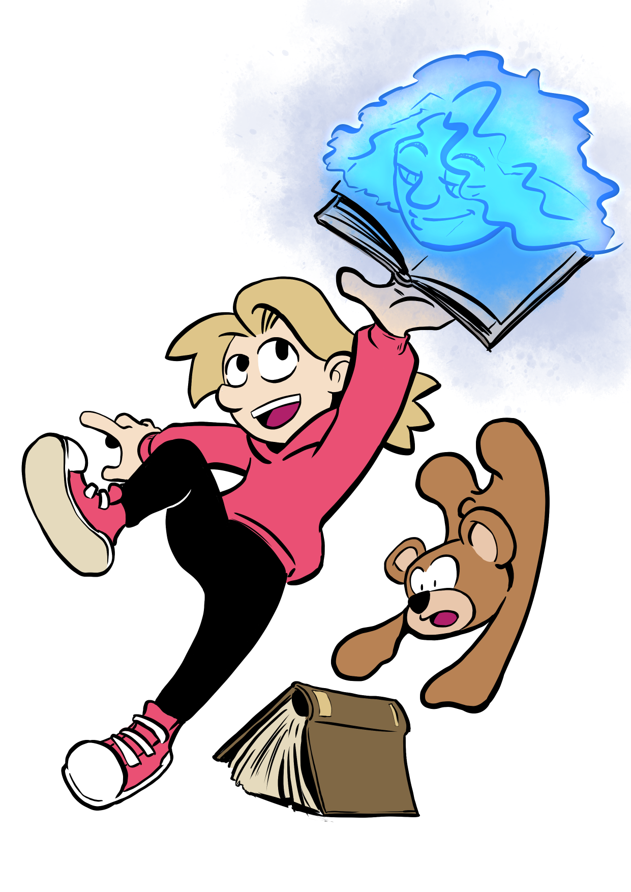 A more cartoony version of Rose Thornhill and her sentient stuffed bear, Bee, jumping exhuberantly into the air