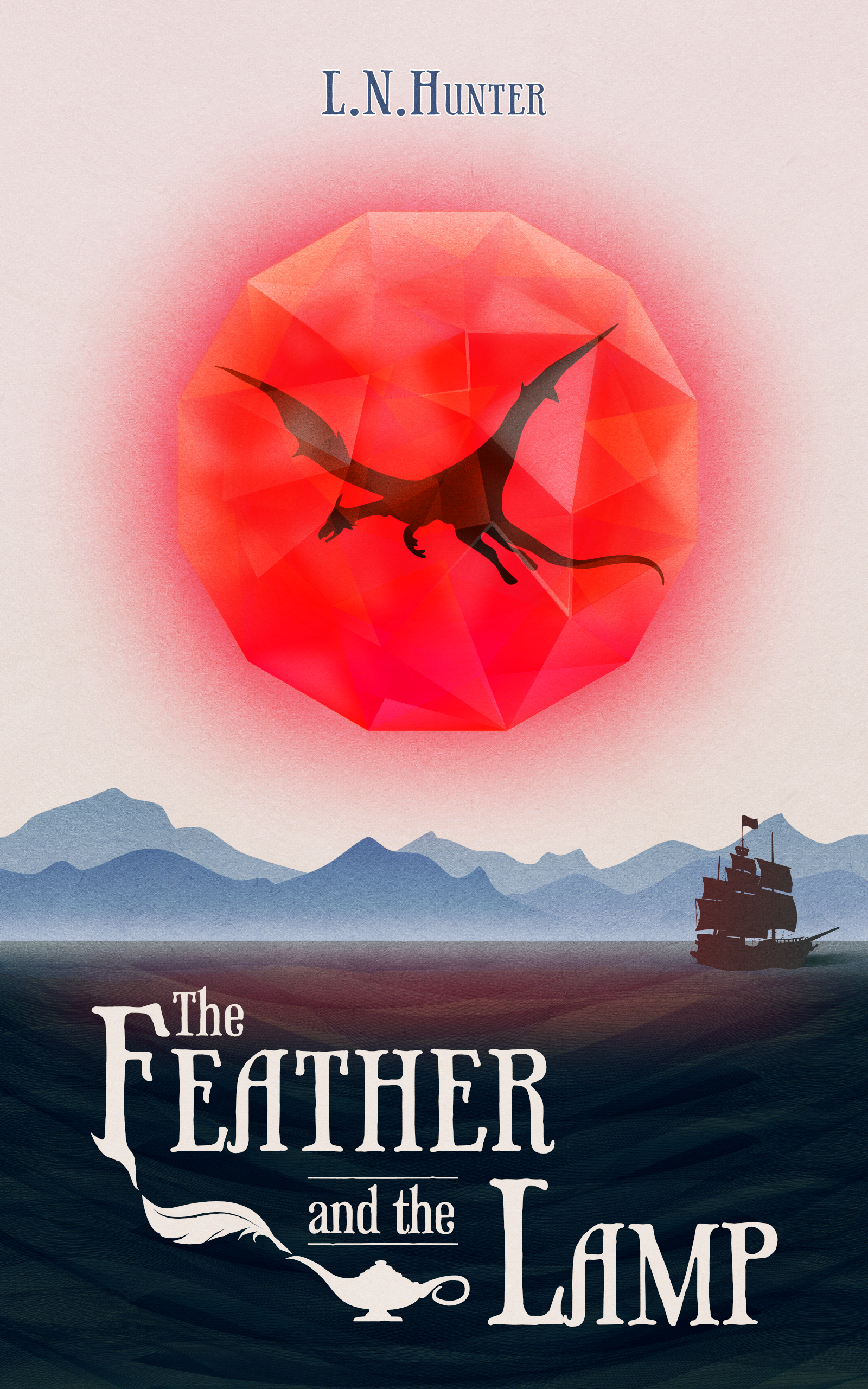 A book cover featuring a dragon floating inside a quantum ruby over a desolate landscape with a mountain range in the background, and a marooned ship in the foreground.