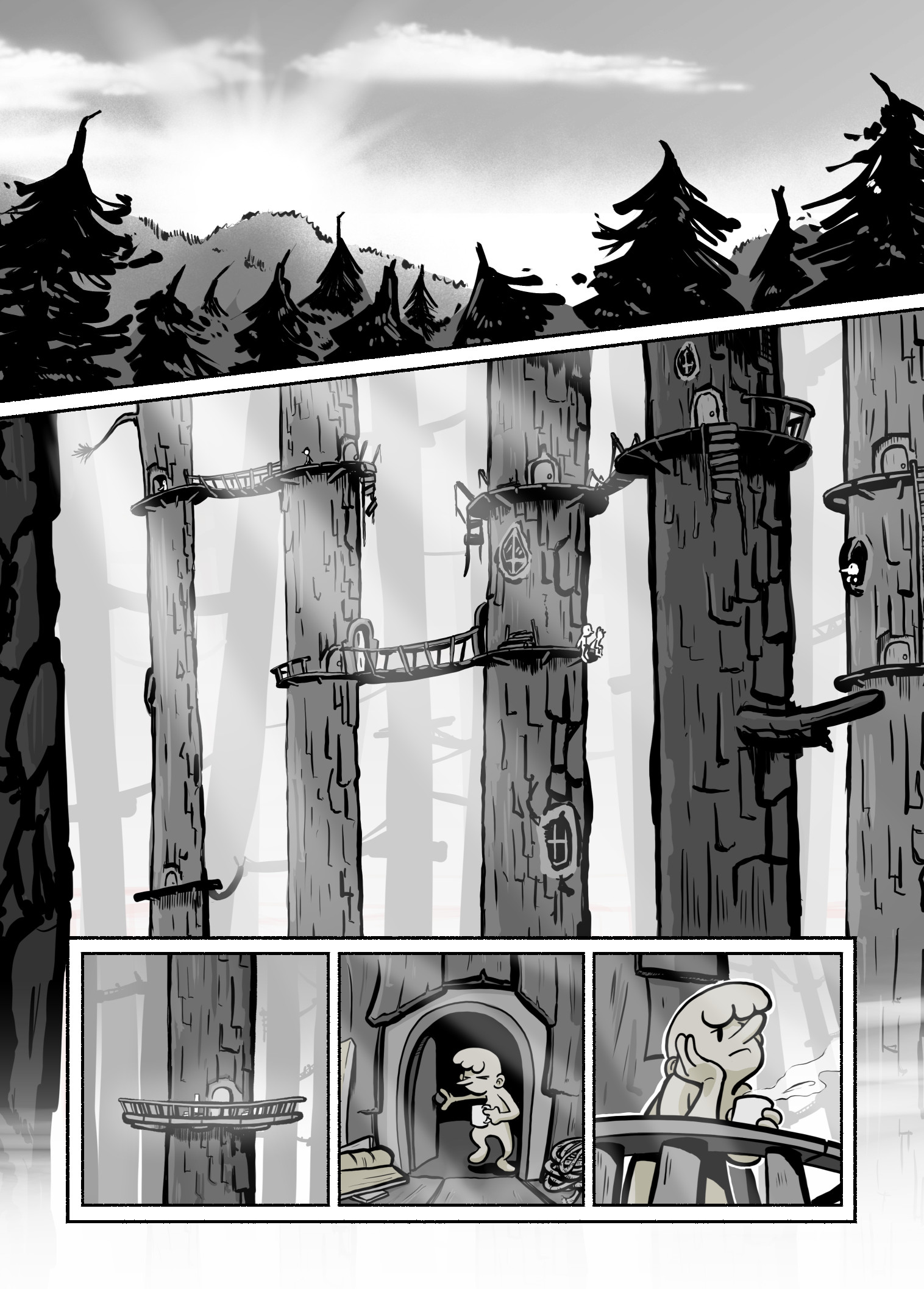 A comic page showing a small, tree-dwelling creature exiting its home and staring wistfully from its balcony