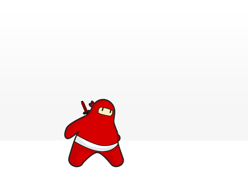 A Small red-clad ninja sits idle, then runs and jumps, pulling out an umbrella.